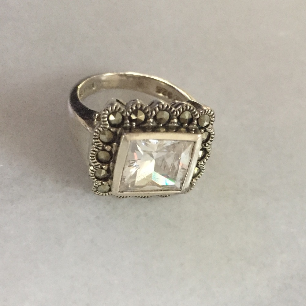 Sterling Silver Cubic Zirconia Marcasite Ring Sz 7